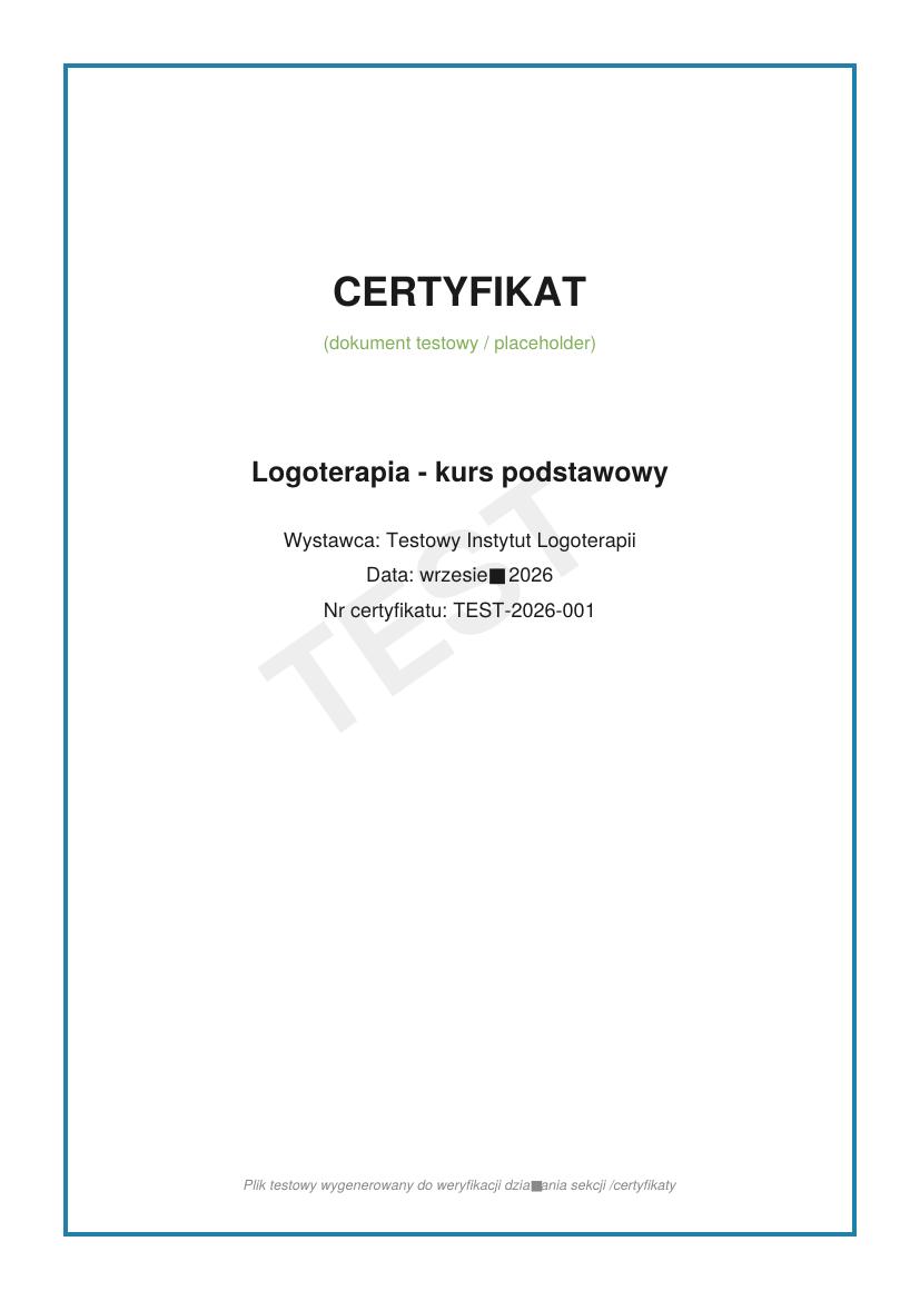 Miniatura certyfikatu: Logoterapia — kurs podstawowy (TEST)
