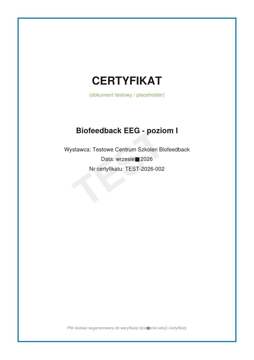 Miniatura certyfikatu: Biofeedback EEG — poziom I (TEST)
